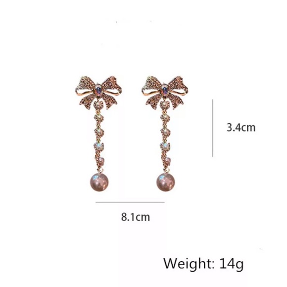 🌟 Gold Plated 14K Crystals Pearl Long Bow Earrings - Picture 7 of 7